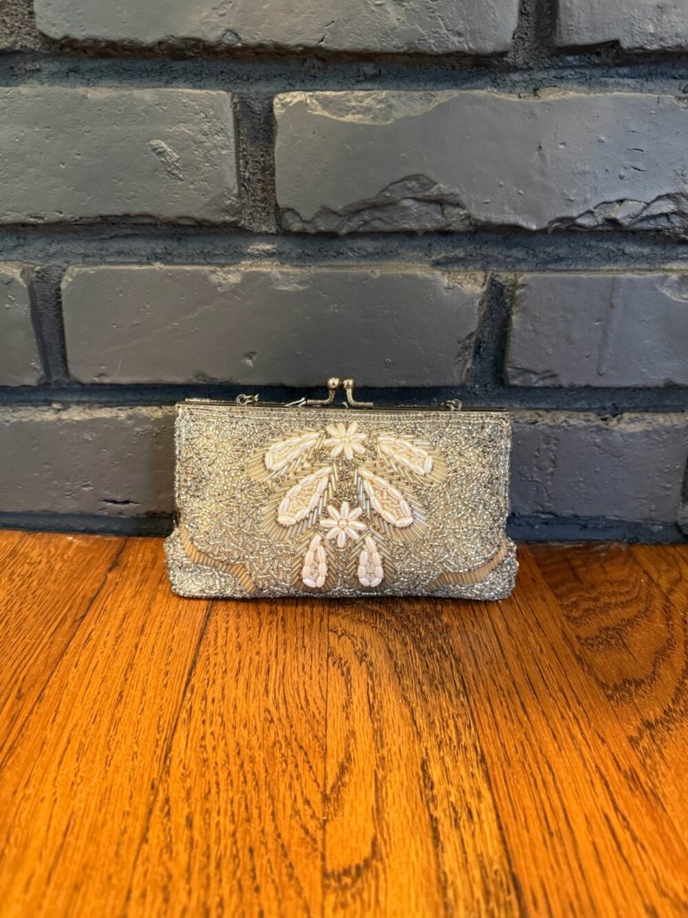 Vintage 1950s Silver and Pearl Hand Beaded Seed Bead Evening Bag Clutch